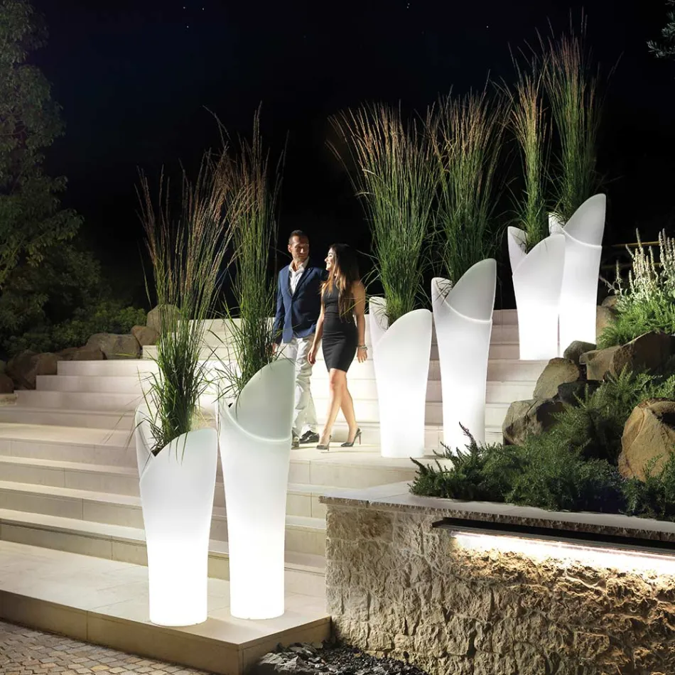 مزهرية خارجية مضيئة من البولي إيثيلين الأبيض، صنع في إيطاليا - جاليليو Viadurini