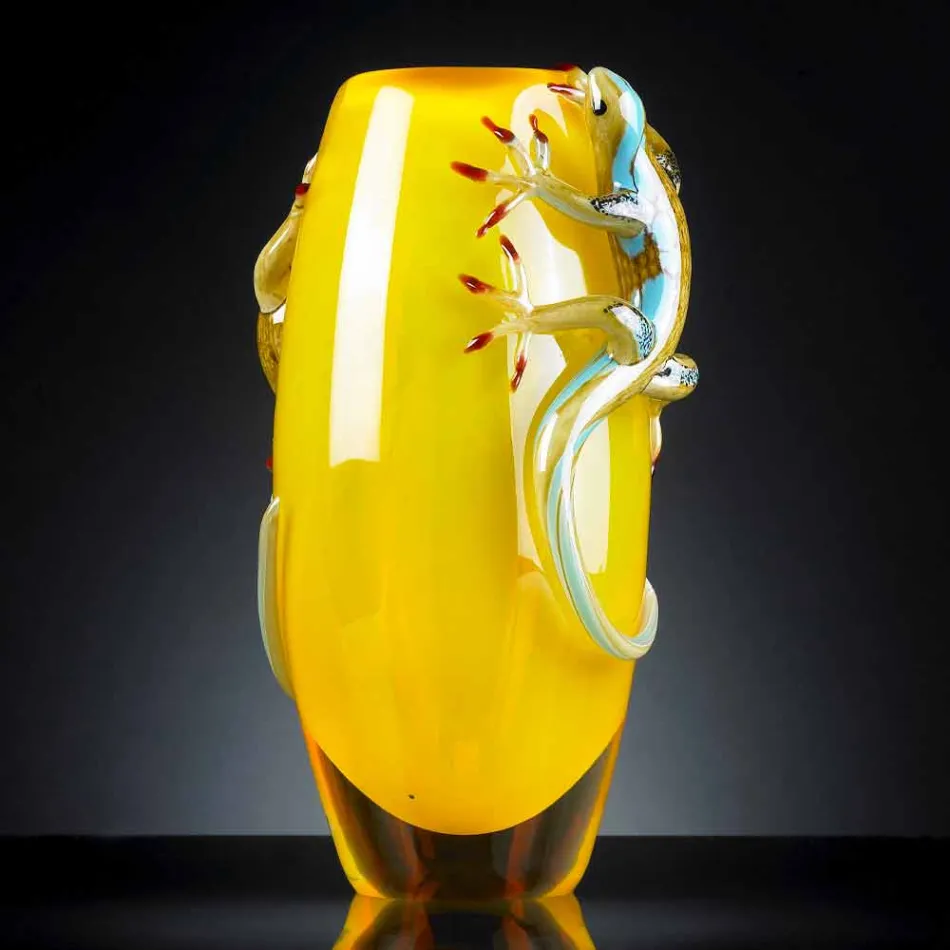 مزهرية زجاجية ملونة داخلية مزينة بصور أبو بريص، مصنوعة يدويًا في إيطاليا - جيكو Viadurini