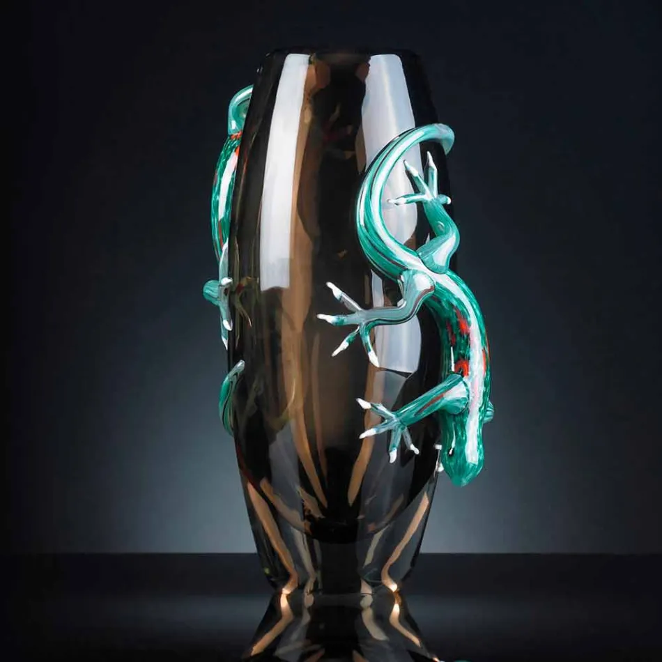 مزهرية زجاجية ملونة داخلية مزينة بصور أبو بريص، مصنوعة يدويًا في إيطاليا - جيكو Viadurini