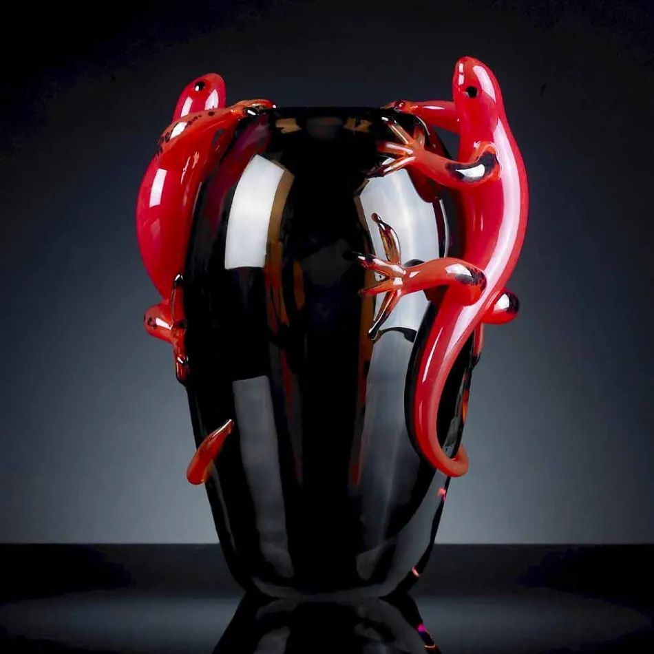 مزهرية زجاجية ملونة داخلية مزينة بصور أبو بريص، مصنوعة يدويًا في إيطاليا - جيكو Viadurini