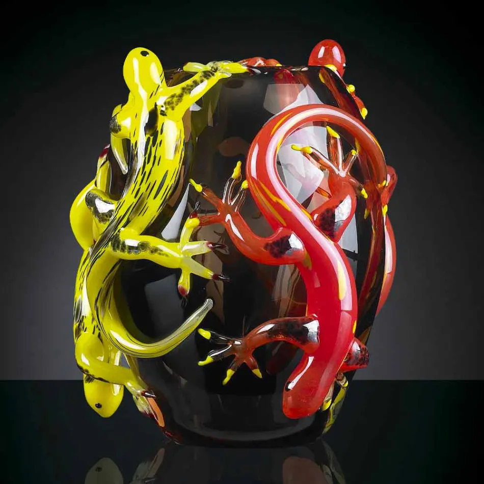 مزهرية زجاجية ملونة عليها رسومات أبو بريص مصنوعة يدويًا في إيطاليا - جيكو Viadurini