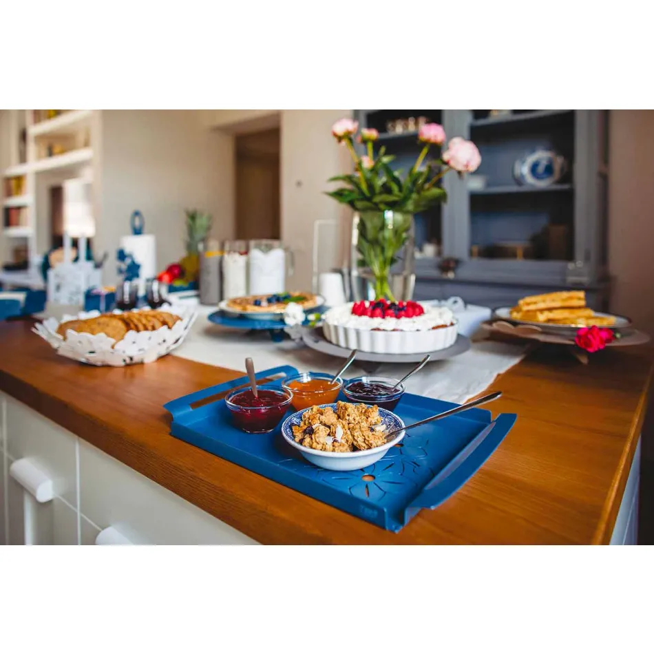 صينية تقديم مع زهور باللون الأبيض أو الأزرق أو الحديد الطيني - ماركن Viadurini