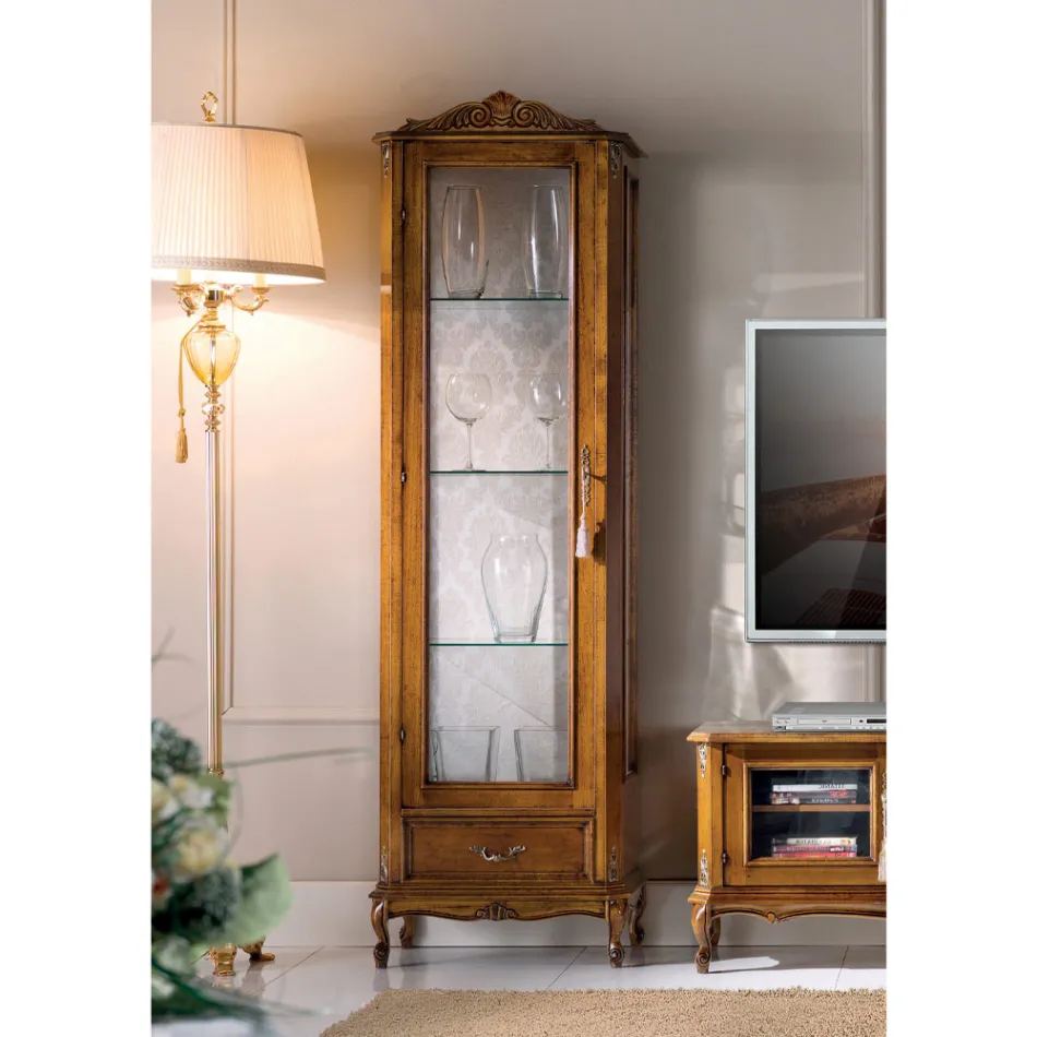 خزانة عرض كلاسيكية لغرفة المعيشة مصنوعة من خشب الجوز بباب واحد، صنع في إيطاليا - رونالد Viadurini